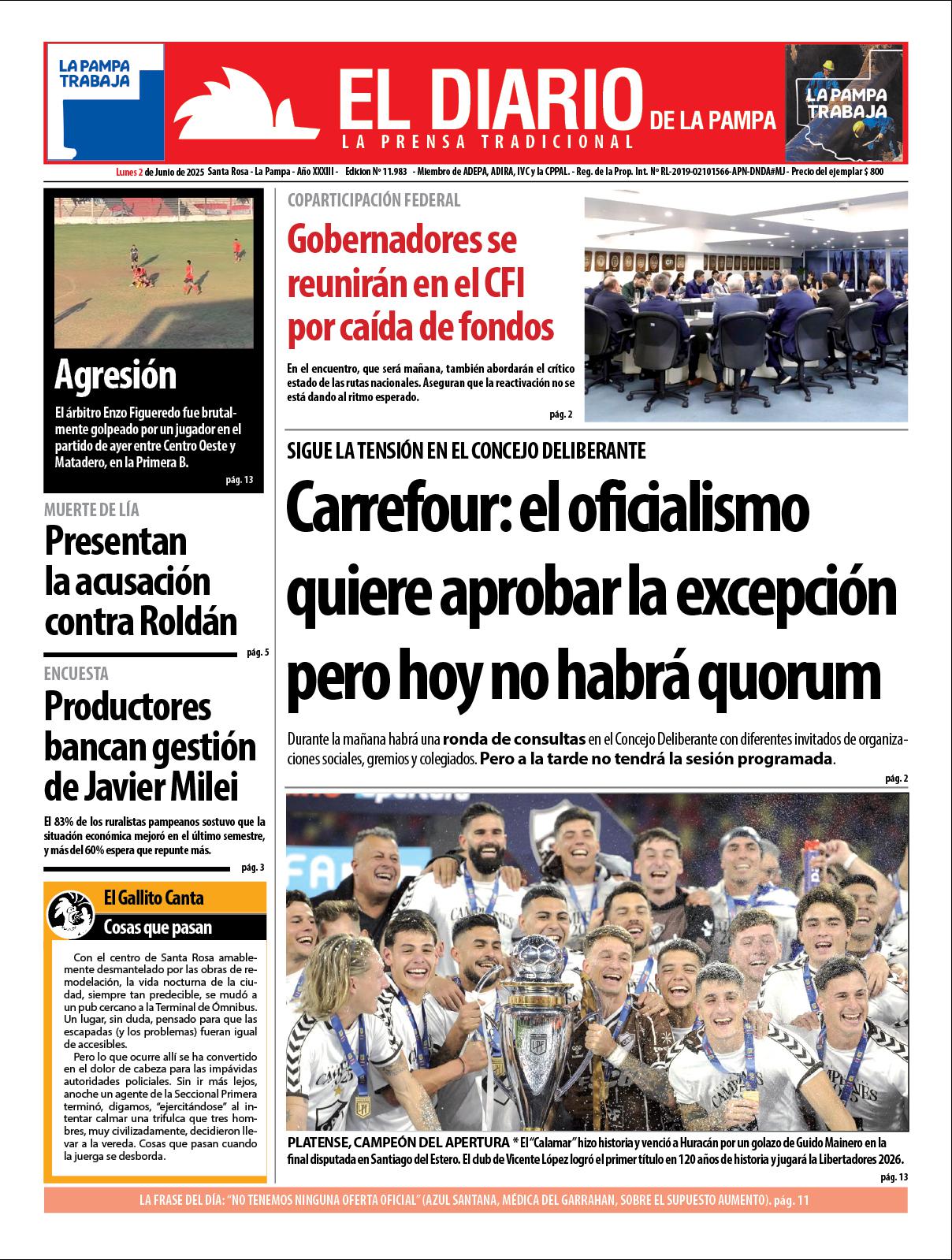 Tapa de El Diario en papel  lunes 02 de junio de 2025
